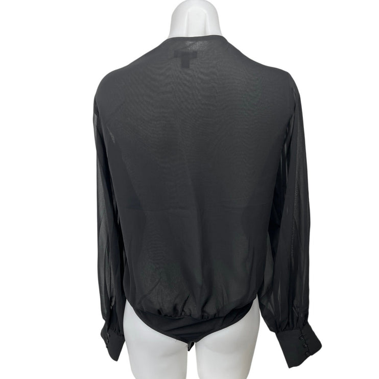 Express Black Chiffon Faux Wrap Balloon Long Sleeve Sheer Blouse Bodysuit Top L