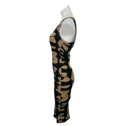 Zara Beige Black Tie Dye Ribbed Knit Sleeveless Stretch Midi Bodycon Dress Sz M