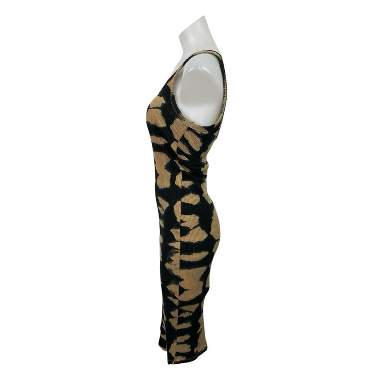 Zara Beige Black Tie Dye Ribbed Knit Sleeveless Stretch Midi Bodycon Dress Sz M