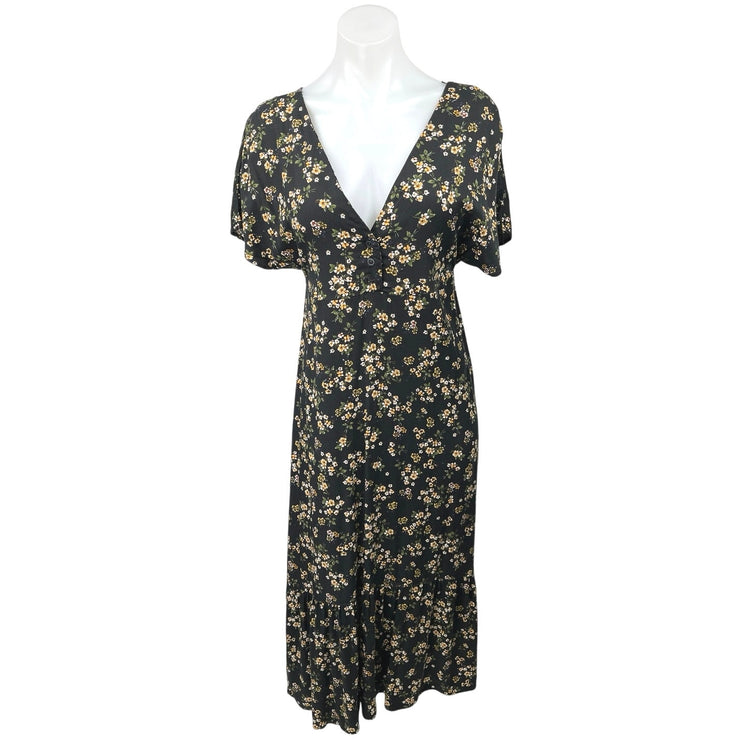 Pull Women's Black Yellow Peasant Floral Deep V Button Front Maxi Dress Size S