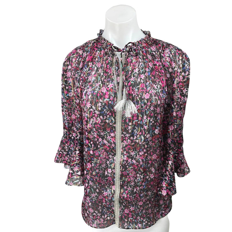 Elie Tahari Venisia Multicolor Silk Metallic Floral Pleated Plisse Blouse Top XS