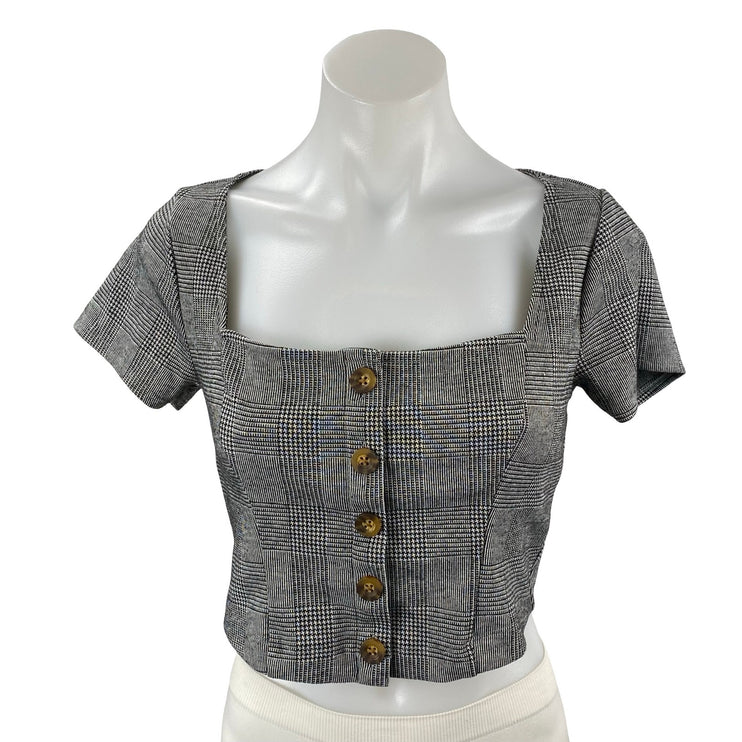Hollister Women's Gray Plaid Short Sleeve Square Neck Button Up Crop Top Size S