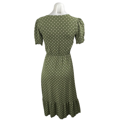 Zara Womens Green Polka Dot V Neck Puff Sleeve Button Midi Flare A-Line Dress XS