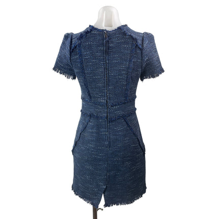 Rebecca Taylor Blue Tweed Short Sleeve Zip Slit Fringe Mini A Line Dress Size M
