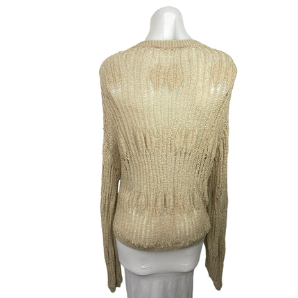 Zara Gold Knit Crochet Crew Neck Long Sleeve Sheer Pullover Sweater Top Size XL