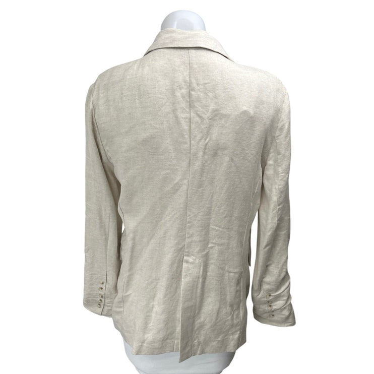 Aqua Beige Linen Notch Lapel Pocket Single Button Blazer Coat Jacket Size S