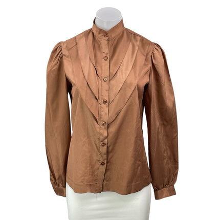 MJ Women's Brown Bronze Silk Satin Long Sleeve Pintuck Button Down Shirt Top 9