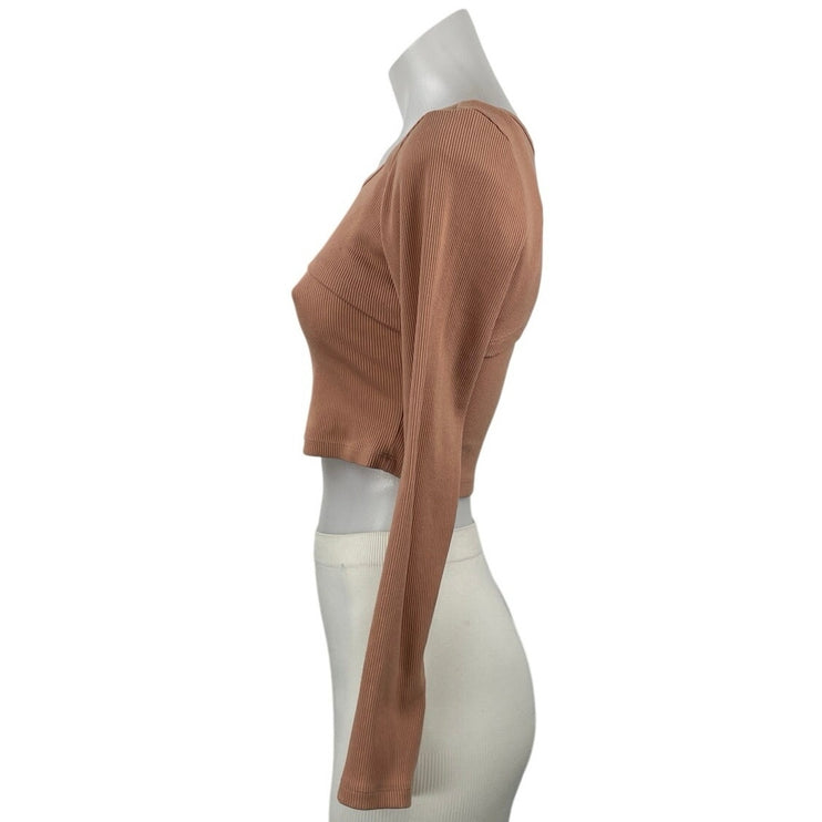 Victoria's Secret Brown Long Sleeve Ribbed Knit Sculpt Stretch Crop Top Size M