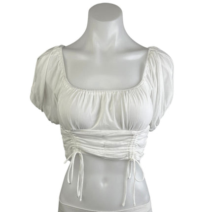 Princess Polly White Mesh Puff Sleeve Square Neck Cinched Tie Crop Blouse Top 8