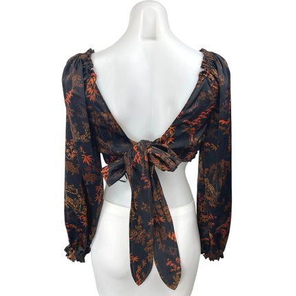 Urban Outfitters Caroleena Black Orange Ruched Puff Sleeve Blouse Crop Top Sz M