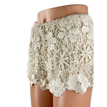Fashion on Earth Cream Floral Crochet Knit Drawstring Beach Mini Shorts Size M