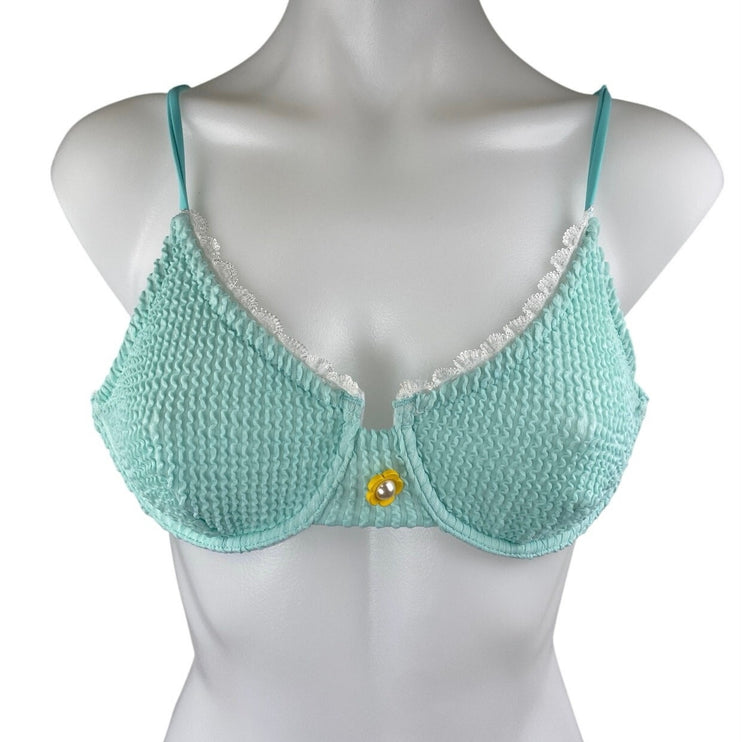 Women's Green Textured Lace Trim Two Piece Swimsuit Swimwear Bikini Set Size M