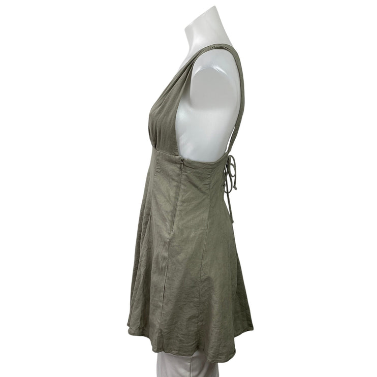 Zara Khaki Green Sleeveless Plunge Deep V Neck Lace Up A Line Mini Dress Size XS