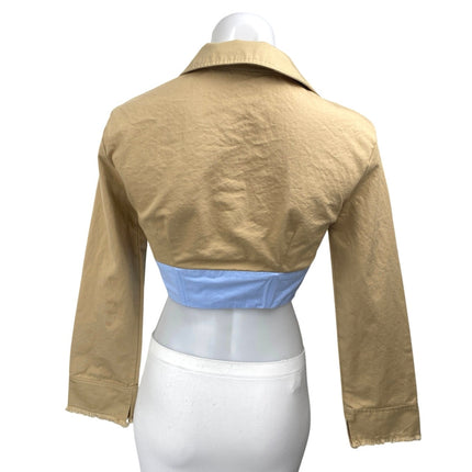 Zara Brown Blue Colorblock Long Sleeve Button Down Crop Shirt Jacket Top Size XS