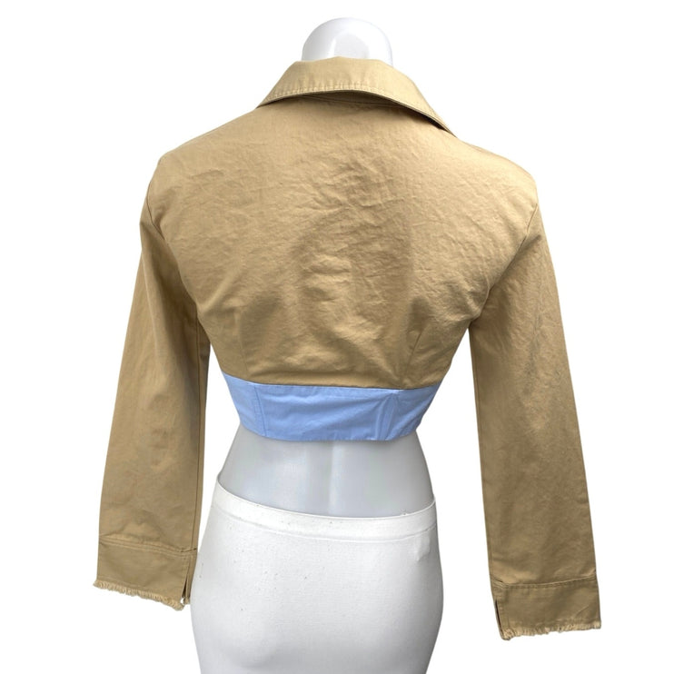 Zara Brown Blue Colorblock Long Sleeve Button Down Crop Shirt Jacket Top Size XS