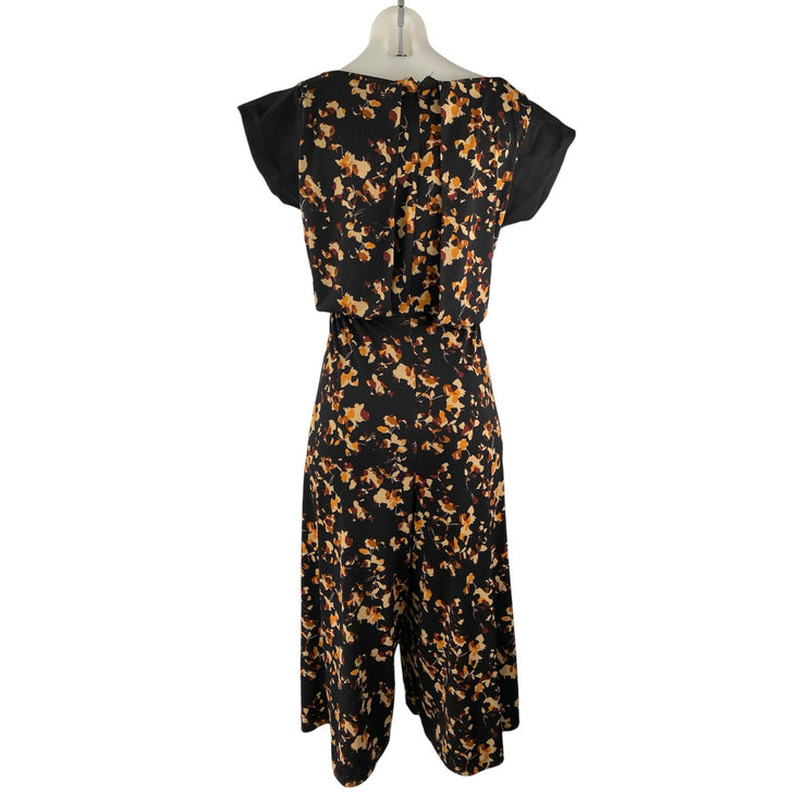 Nicole Miller Black Floral V Neck Short Sleeve Wide Leg Romper Jumpsuit Size M