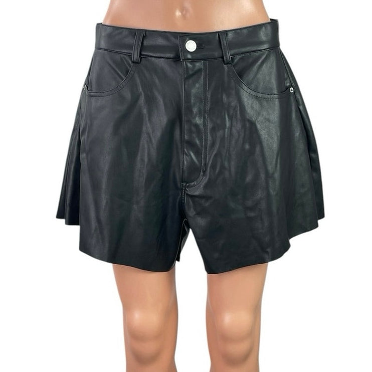 NEW WeWoreWhat Black Faux Vegan Leather High Rise A-Line Flare Bell Shorts Sz 30