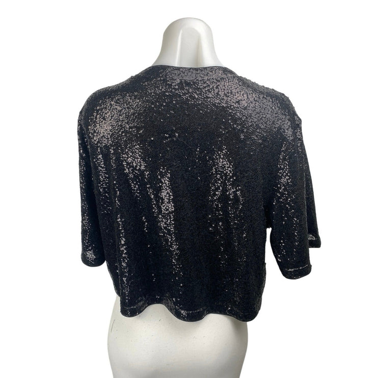 H&M Women's Black Sequin Embellished Crewneck Short Sleeve Crop Blouse Top Sz L