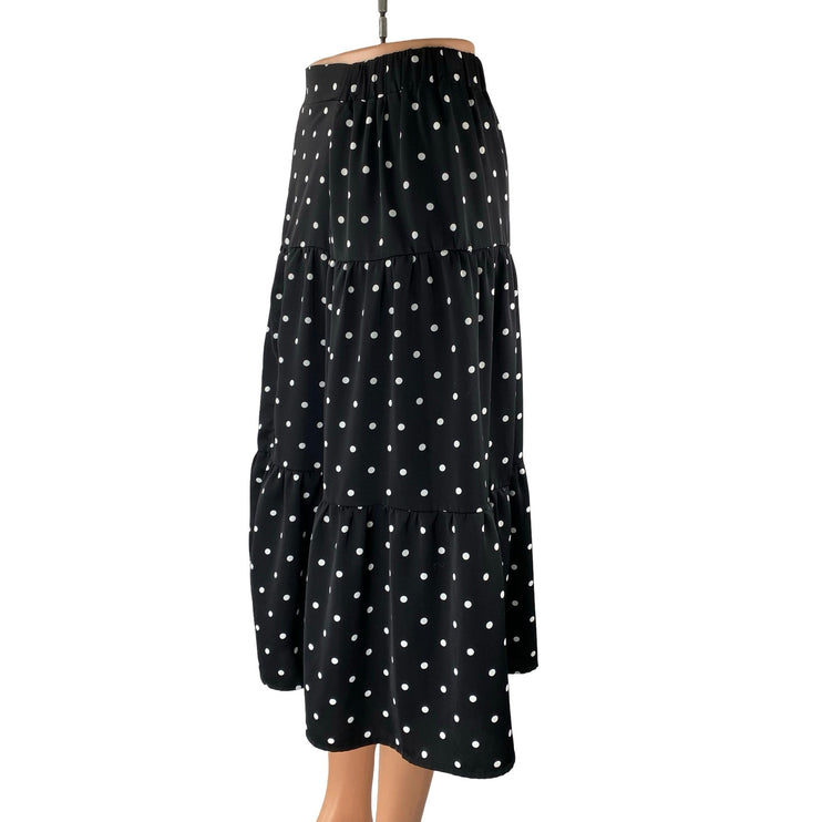 Commense Black Polka Dots High Waist Pull On A Line Tiered Midi Skirt Size XS