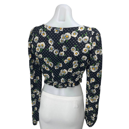 Zara Black Floral Polka Dots Long Sleeve Ruffle Square Neck Crop Blouse Top Sz M