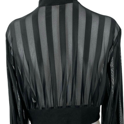 Black Mesh Sheer Striped Mock Neck Zip Up Long Sleeve Cropped Jacket Top Size M