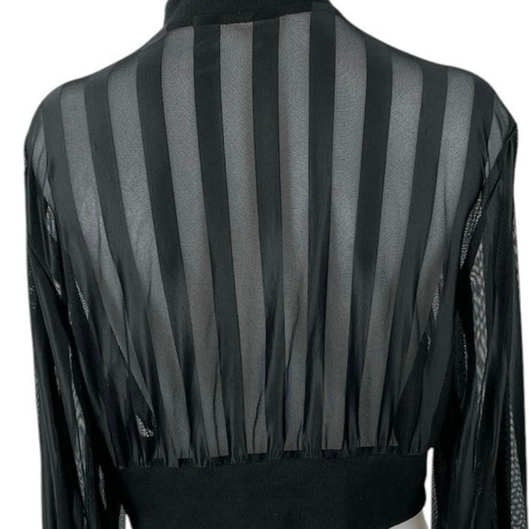 Black Mesh Sheer Striped Mock Neck Zip Up Long Sleeve Cropped Jacket Top Size M