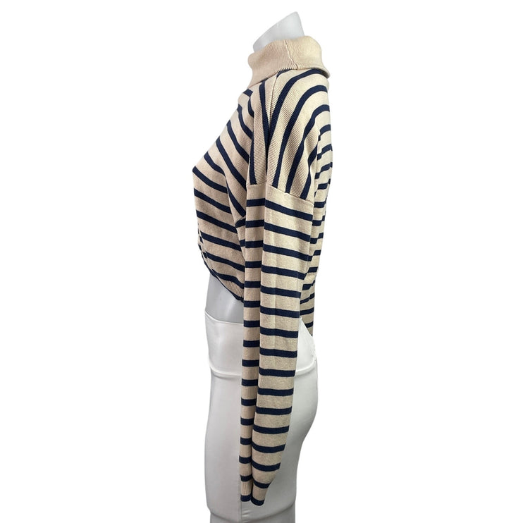 Lulus Womens Beige Black Striped Turtleneck Long Sleeve Cropped Sweater Top Sz S