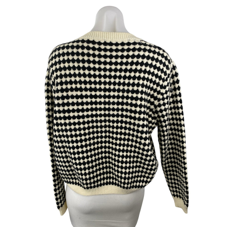 Women's Black White Abstract Knit Long Sleeve Button Up Cardigan Sweater Top M