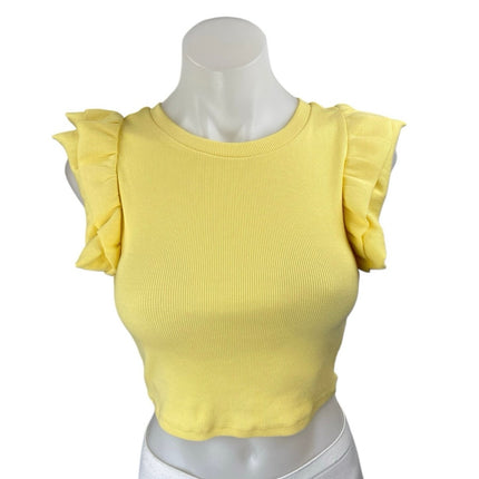 Zara Women's Yellow Rib Knit Short Ruffle Flutter Sleeve Crop Top Blouse Size S