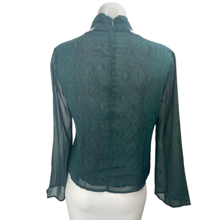 Olivaceous Women's Green Snakeskin Choker V-neck Long Bell Sleeve Blouse Top M