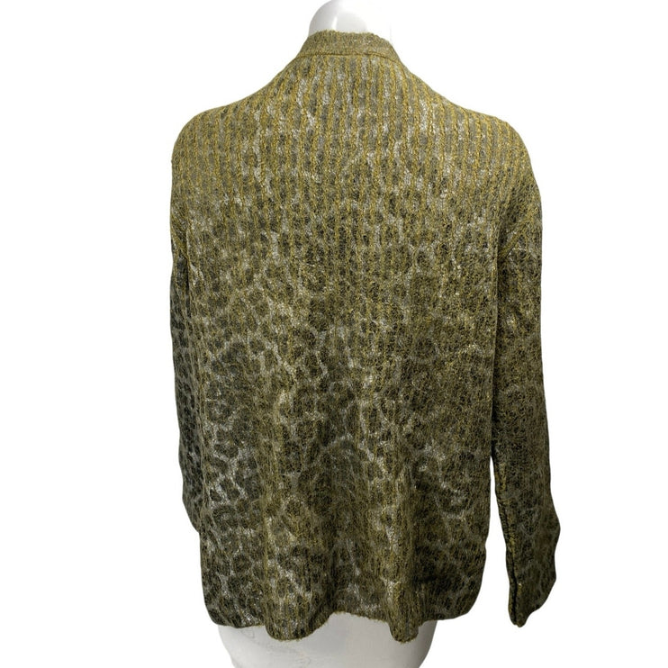 Zara Green Textured Knit Leopard Animal Print Button Long Sleeve Coat Jacket M