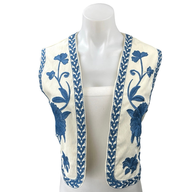 Women's White Blue Floral Embroidered Open Front Boho Crop Top Vest Coat Size L