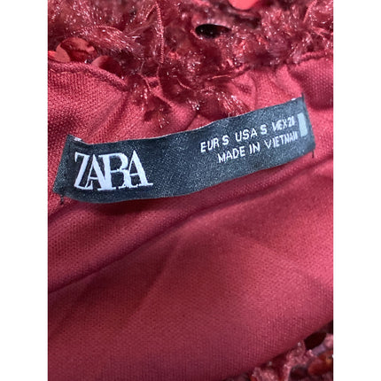 Zara Women's Red Sequin Fringe Halter Sleeveless Open Back Blouse Top Size S