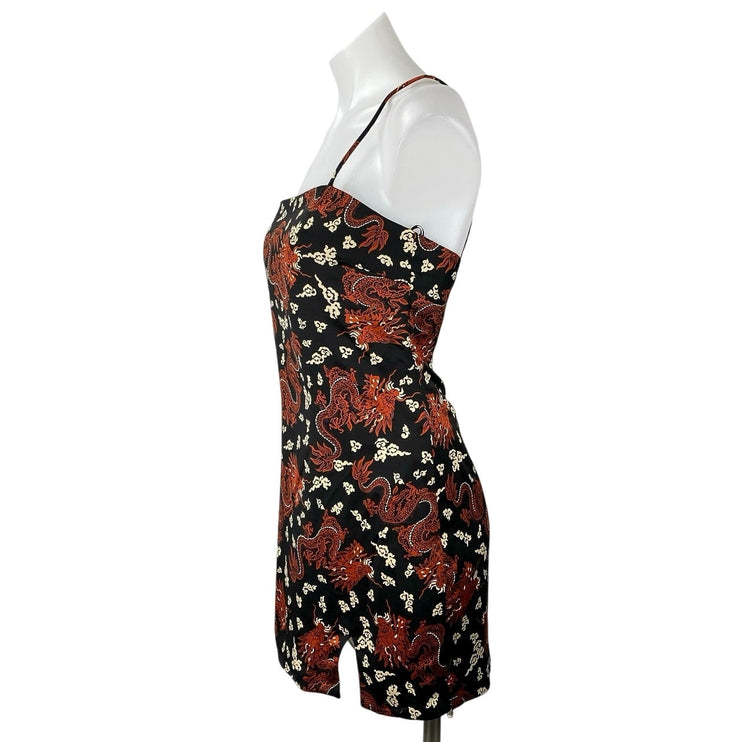 Zara Black Silk Satin Dragon Sleeveless Cami Camisole Tank Mini Slip Dress Sz XS