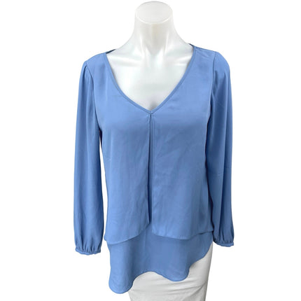 White House Black Market Blue Long Sleeve V-Neck Layered Front Blouse Top Size 2