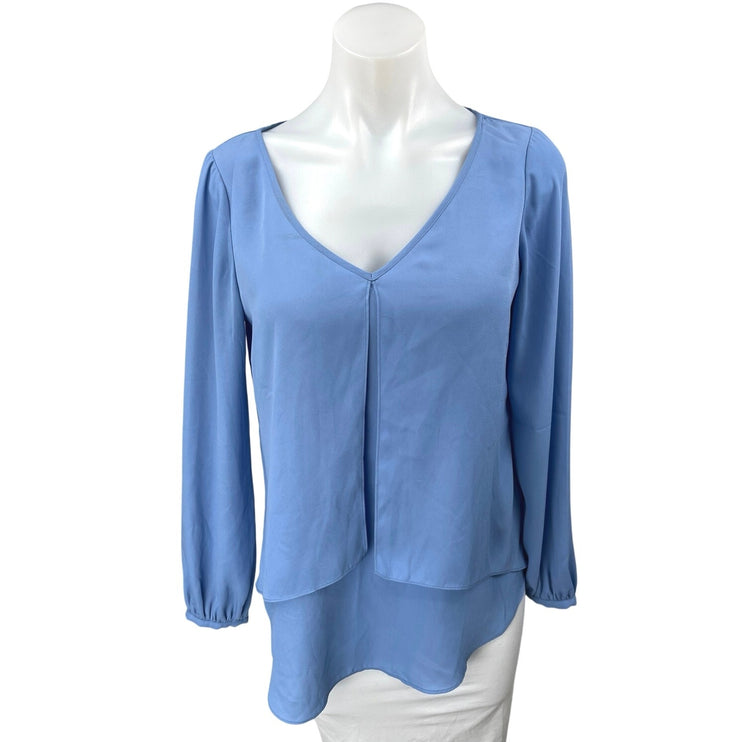 White House Black Market Blue Long Sleeve V-Neck Layered Front Blouse Top Size 2