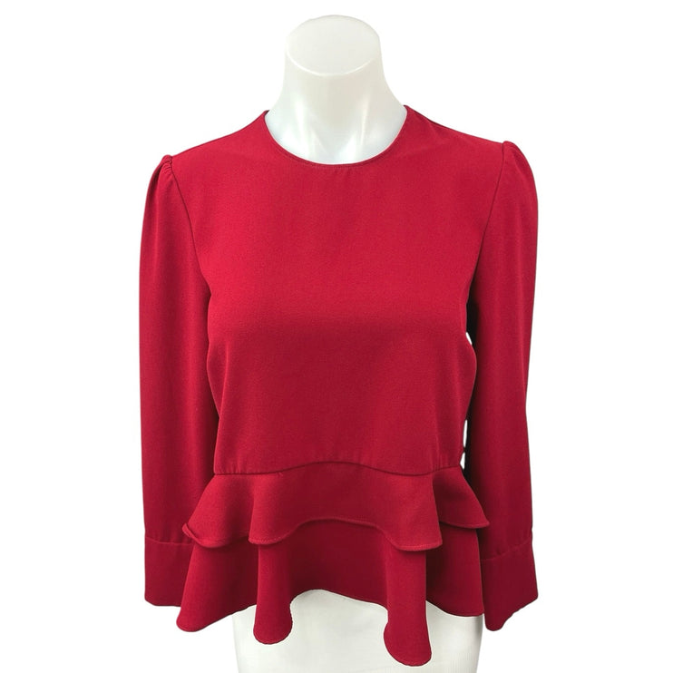 Zara Red Ruffle Peplum Long Sleeve Round Neck Slim Fit Shirt Blouse Top Size M