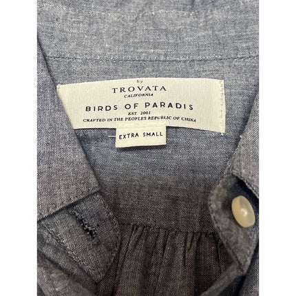 TROVATA Birds of Paradis Blue Linen Short Sleeve Belted Button Up Shirt Dress XS