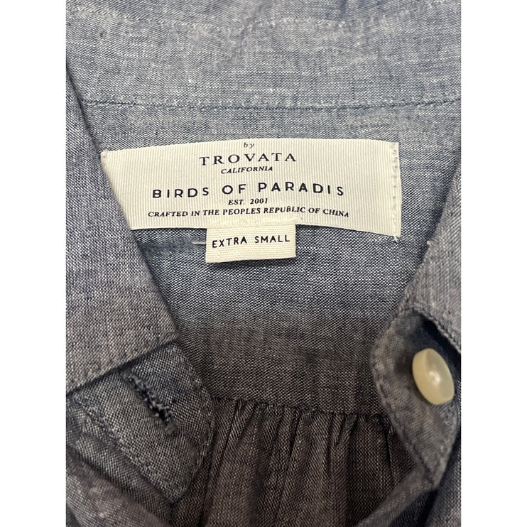 TROVATA Birds of Paradis Blue Linen Short Sleeve Belted Button Up Shirt Dress XS