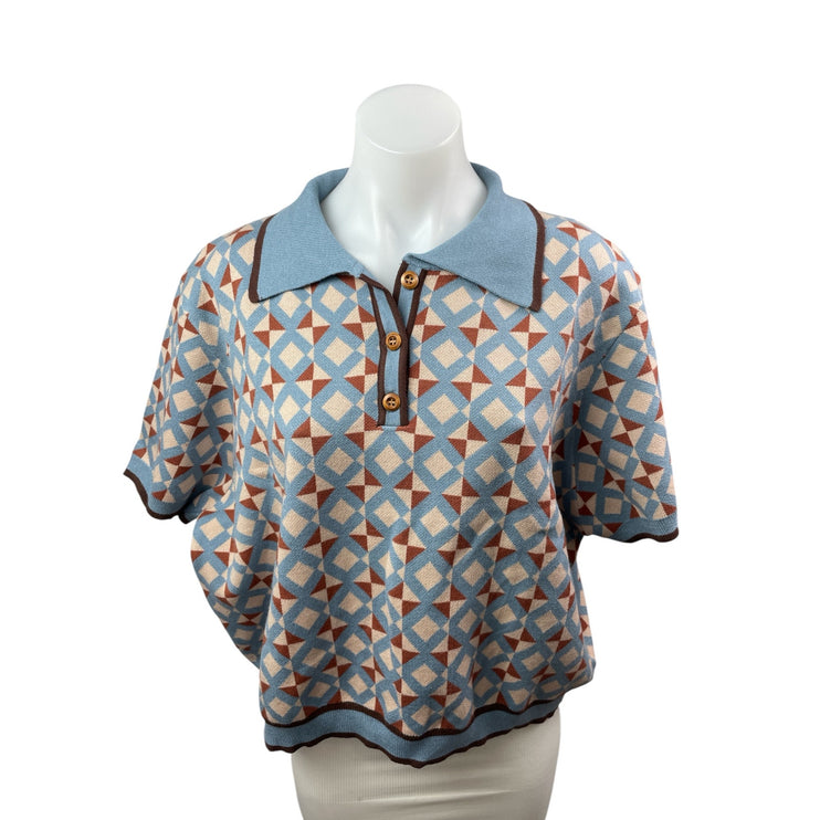 Cider Women's Blue Short Sleeve Argyle Collar Loose Polo Shirt Sweater Size 4XL