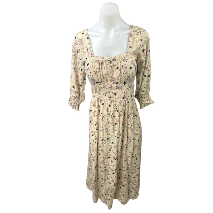 ba&sh Maya Beige Floral Print Square Neck 3/4 Sleeve Button Midi A-Line Dress 1