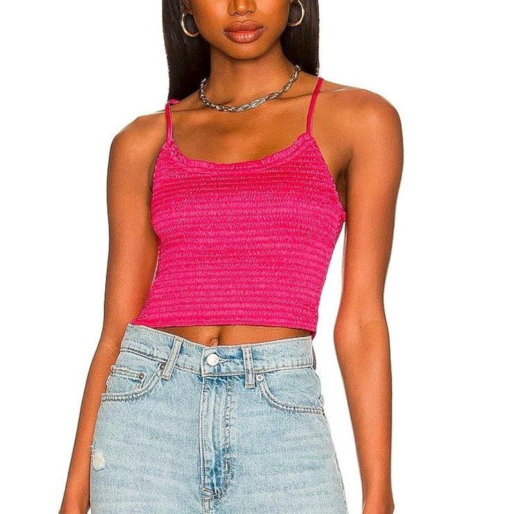 Free People Right On Time Pink Sleeveless Smocked Cami Camisole Crop Tank Top M
