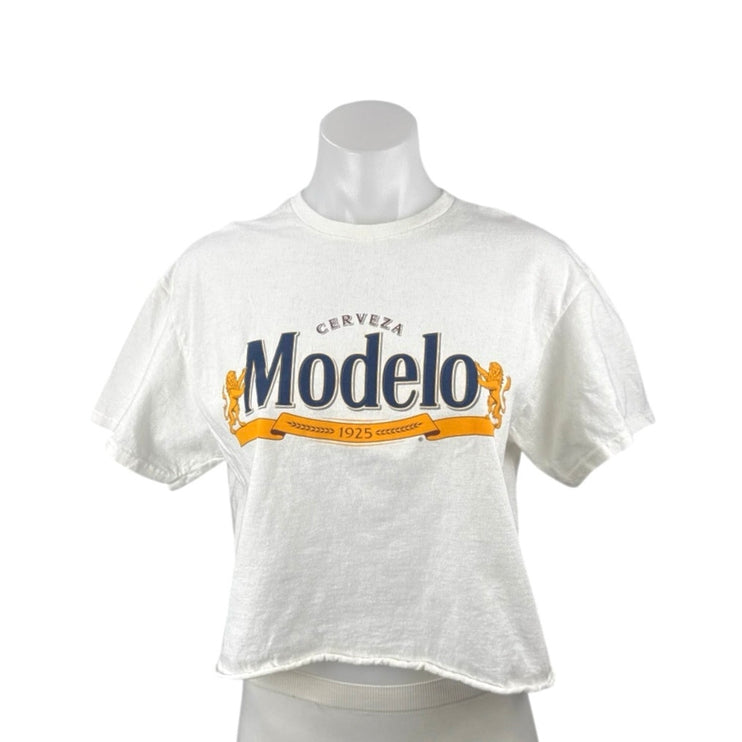 Women's White Cerveza Modelo Especial Beer Graphic Crop T Shirt Tee Top Size M