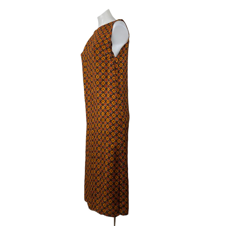 Women's Brown 100% Silk Geometric Sleeveless Bateau Neck A Line Midi Dress 12