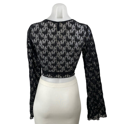 H&M Women's Black Butterfly Floral Lace Mesh Sheer Long Sleeve Crop Top Size M