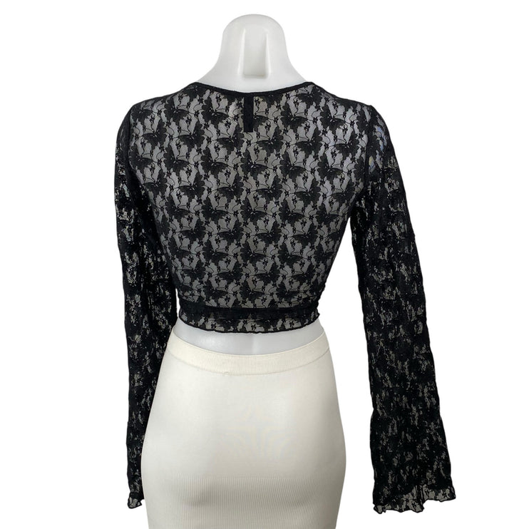 H&M Women's Black Butterfly Floral Lace Mesh Sheer Long Sleeve Crop Top Size M