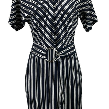 Warehouse Women's Black White Stripe Short Sleeve Belted Midi Sheath Dress Sz 8
