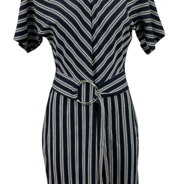 Warehouse Women's Black White Stripe Short Sleeve Belted Midi Sheath Dress Sz 8