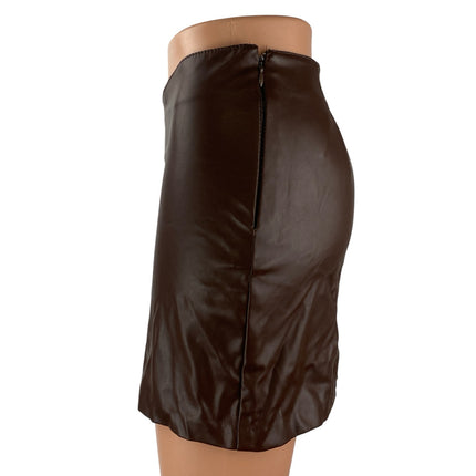 H&M Brown Faux Leather Vegan Mid Waist Y2k Zip Boho Pencil Mini Skirt Size XS