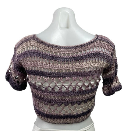 Women's Purple Short Sleeve Crochet Open Knit Boat Neck Boho Crop Top Size S